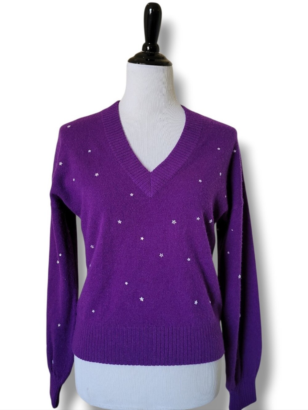 27 Miles Malibu Cashmere V Neck Embellished Pullover Sweater Balloon Sleeve